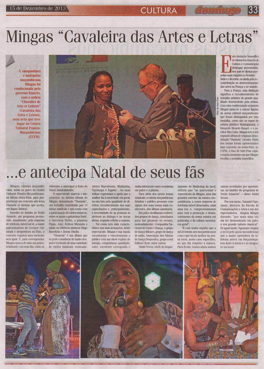 'Domingo-Cultura', December 15, 2013, Page33: Mingas award as 'Chevalier dans l'Ordre National des Arts et des Lettres'; Also review of Vhumela concert