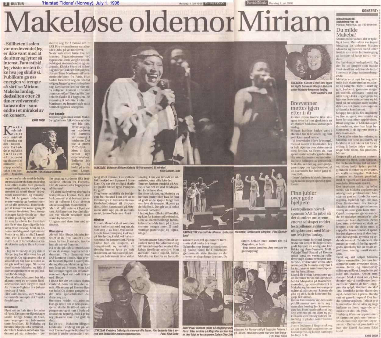 'Harstad Tidene' (Norway) July 1, 1996 - Pages 8 and 9.  Mingas with Miriam Makeba in Harstad, Norway