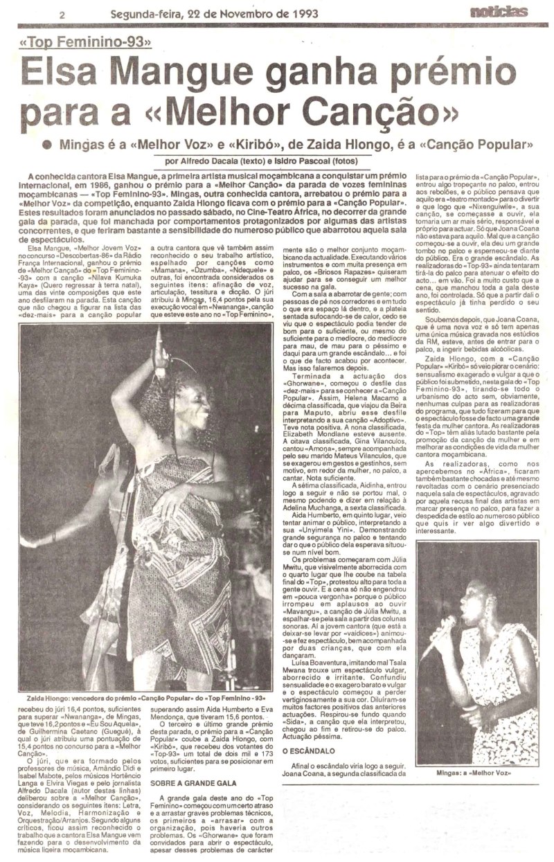 'Noticias' (News daily, Mozambique) November 22, 1993 'Top Feminino 93', where Mingas was awarded 'Best Voice 1993'