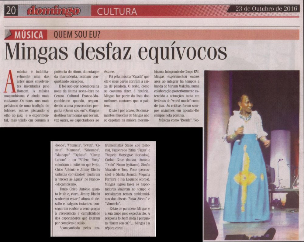 'Domingo', October 23 2016, Page 20: Review of Mingas concert 'Quem sou eu?' in Maputo on October 21