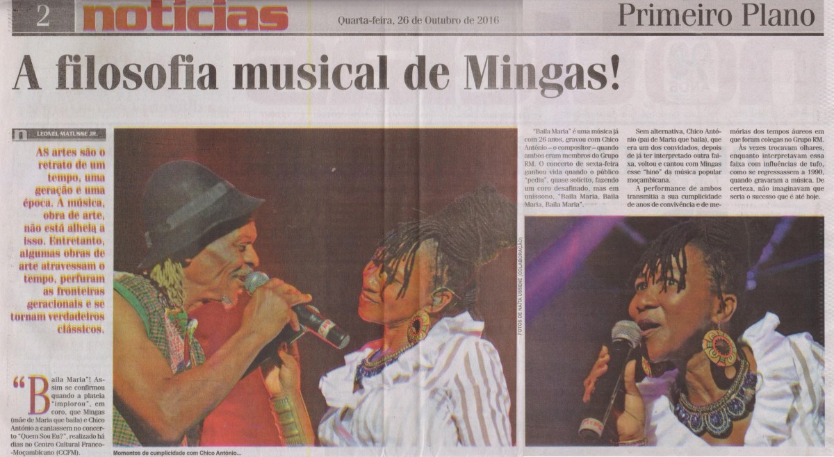 'Noticias', October 26 2016, Page 2 (top segment): Review of Mingas concert 'Quem sou eu?' in Maputo on October 21