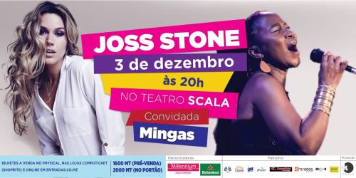Poster: Joss Stone concert at Cinema Scala in Maputo with opening performance by Mingas, Saturday, December 3, 2016 at 8 PM